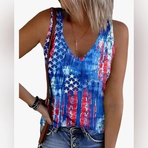 NEW-American Flag Ribbed Tank for Women Stars Stripes Patriotic Sleeveless Top